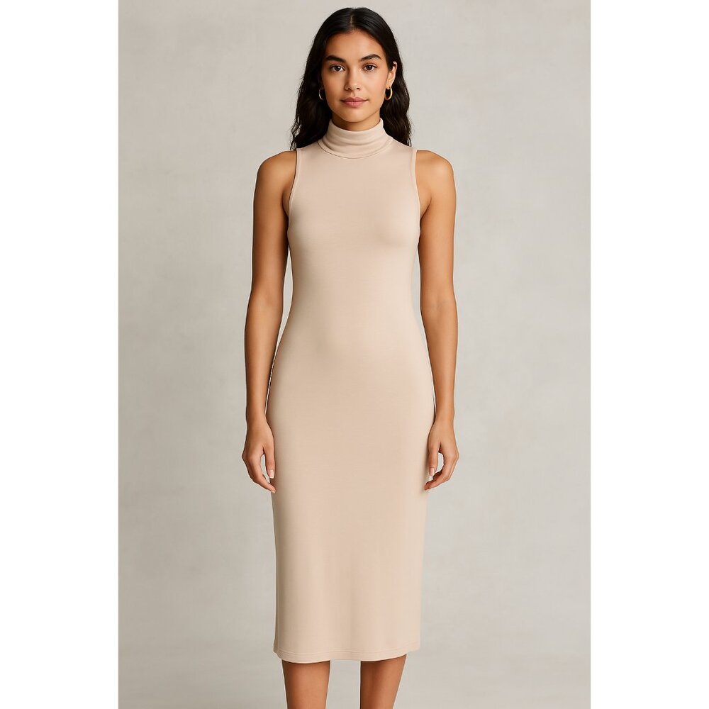 Fashion Love Womens Medium Beige Sleeveless Midi high neck tank dress minimalist